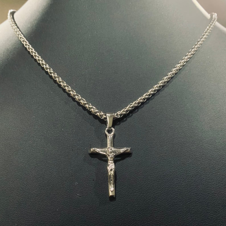 Crucifix Necklace with 3mm Wheat Chain. Silver Stainless Waterproof