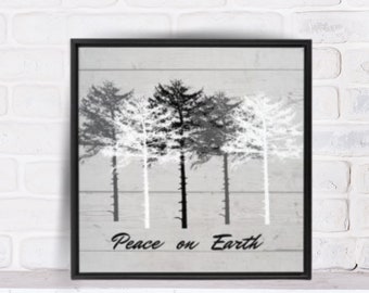Peace On Earth Holiday Canvas Art Framed | Black And White Christmas Decor | Modern Farmhouse | Winter Wall Art | Christmas Wall Art 12x12