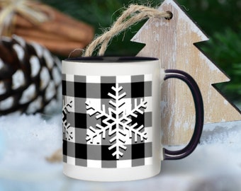 Snowflake Mug | Buffalo Plaid Black and White Mug | Christmas Gift | Holiday Gift | Winter Mug | Modern Farmhouse | Black and White Xmas Mug