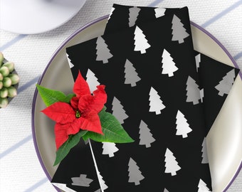 Christmas Holiday Napkins | Christmas Trees Cotton Table Linens | Modern Black and White | Winter Tablescape