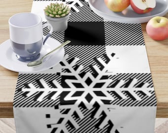 Buffalo Plaid Christmas Table Runner | Black and White Holiday  Dining | Xmas Gift for her | Snowflake Decor