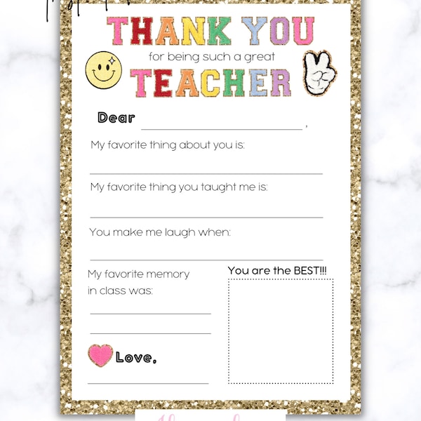 Teacher Appreciation Questionnaire Thank You For Being A Great Teacher Glitter Varsity Letters Printable Teacher Gift