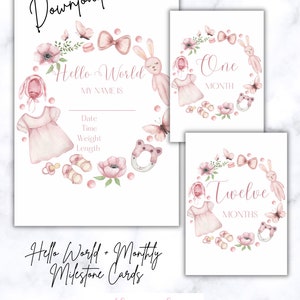 Cartes marqueurs d'étape pour bébé fille Hello World et étapes mensuelles de la première année 1-12 mois