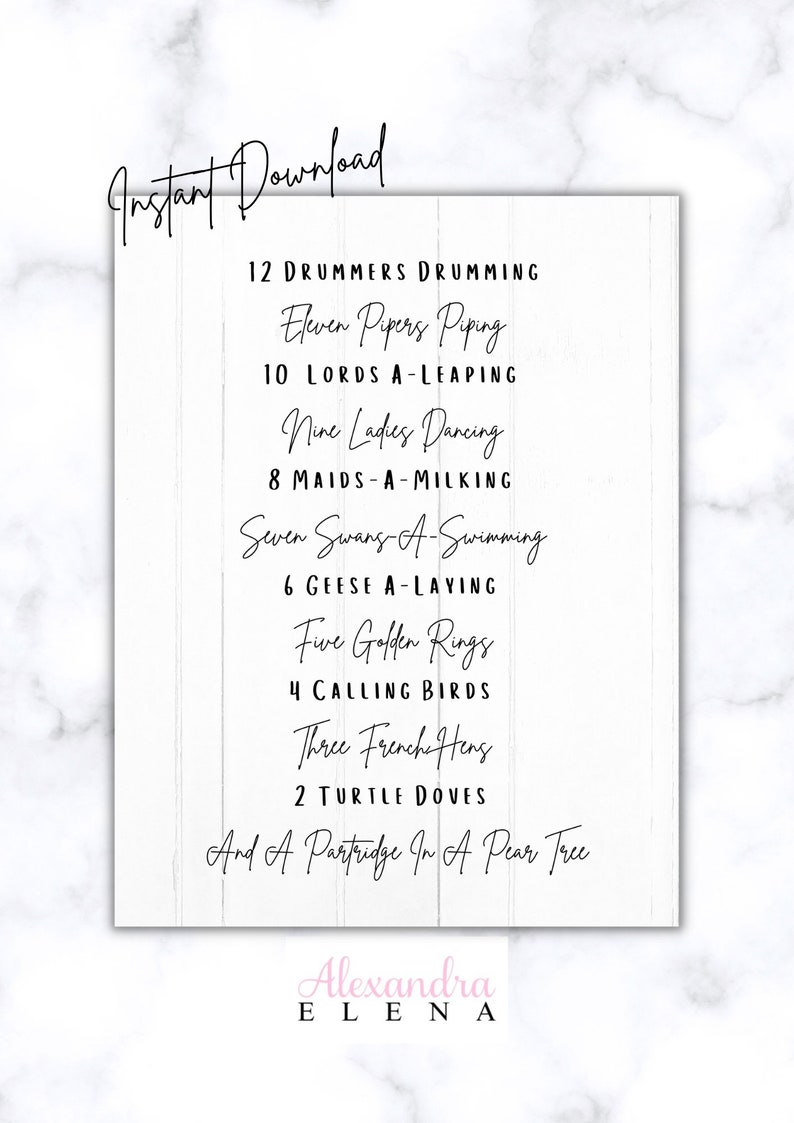 Twelve Days of Christmas Lyrics Printable Art Etsy