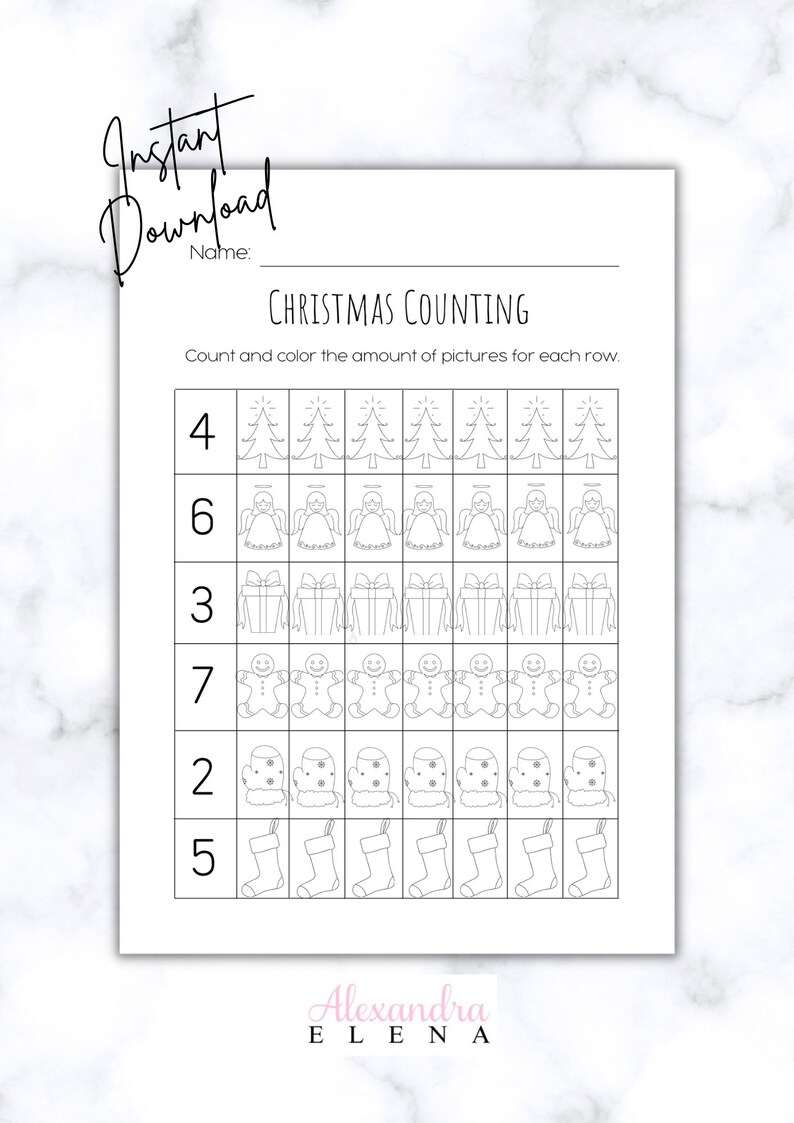 christmas counting math coloring worksheet preschool etsy