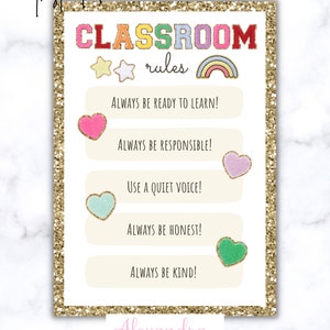 Classroom Rules Glitter Varsity Letters Printable PDF Classroom Decor Class Rules Teacher Rules
