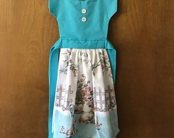 Hanging Oven Dress Kitchen Towel- Teal top with 2 white buttons, Hello spring towel