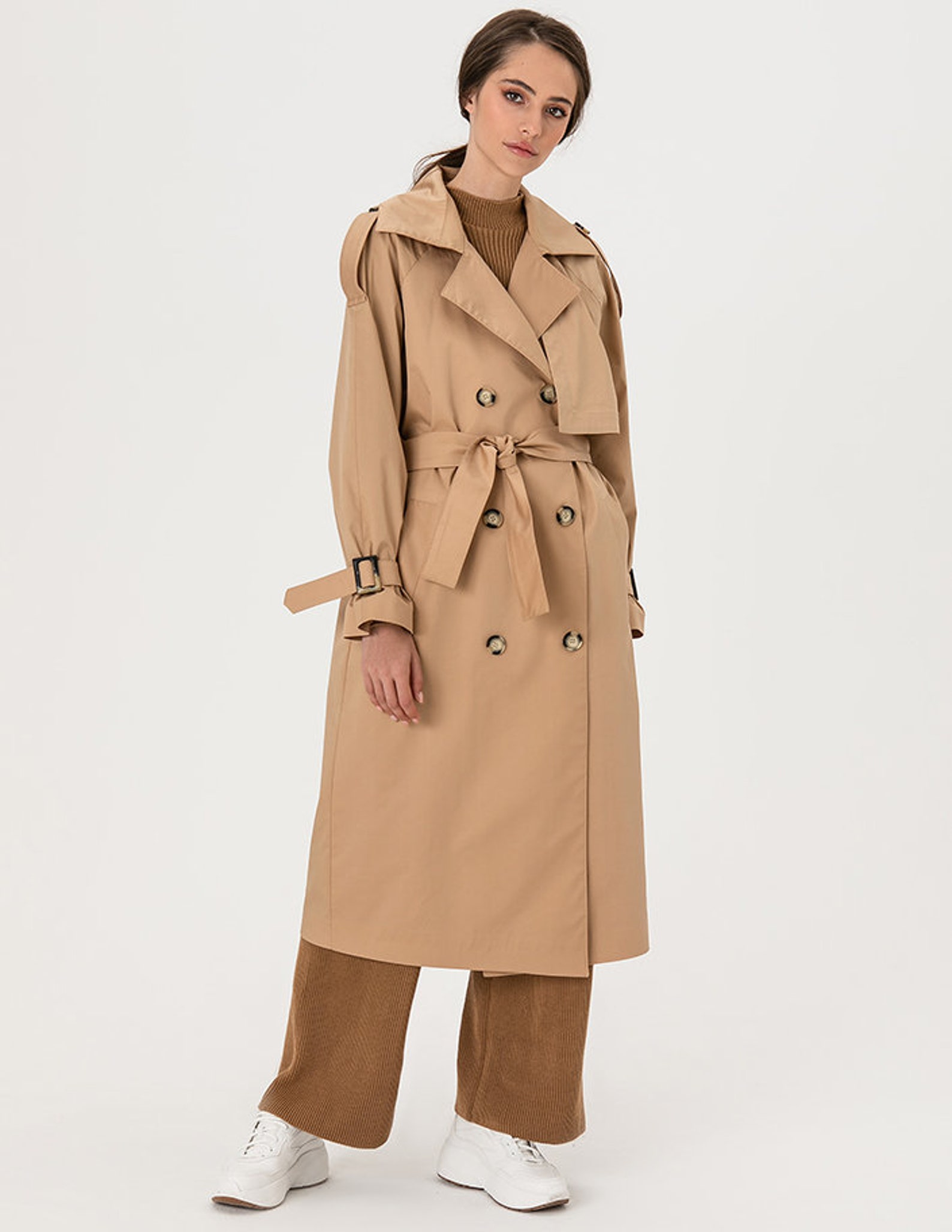Beige Belted Trench Coat Double Breasted Trench Coat Women Etsy