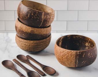 JUMBO Coconut Bowl Set with Spoons x4-Natural/Organic/Eco-Friendly/Sustainable/Vegan/Hand-Carved Gift