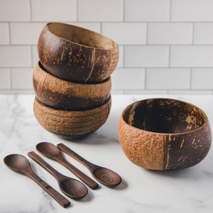 JUMBO Coconut Bowl Set with Spoons x4-Natural/Organic/Eco-Friendly/Sustainable/Vegan/Hand-Carved Gift