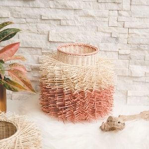 Handmade Handwoven 100% Natural Organic Sustainable Modern Spiky Sea Urchin Rattan Eco Friendly Basket for Storage, Home Décor, PINK STRIPE
