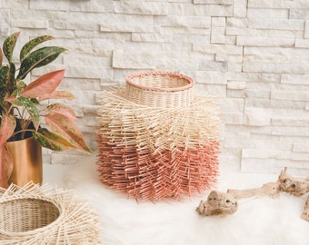 Handmade Handwoven 100% Natural Organic Sustainable Modern Spiky Sea Urchin Rattan Eco Friendly Basket for Storage, Home Décor, PINK STRIPE