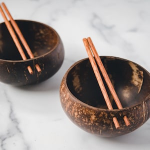 JUMBO Polished Coconut Bowl Set with Chopsticks x2-Natural/Organic/Eco-Friendly/Sustainable/Vegan/Hand-Carved Gift