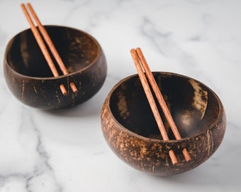 JUMBO Polished Coconut Bowl Set with Chopsticks x2-Natural/Organic/Eco-Friendly/Sustainable/Vegan/Hand-Carved Gift