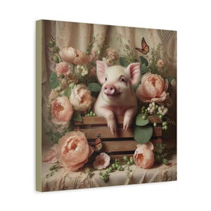 Whimsical Pig Canvas Art, Cute Farmhouse Decor, Floral Wall Art, Nursery Wall Hanging, Gift for Animal Lovers