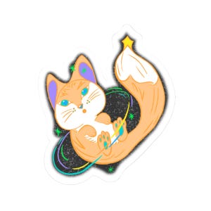 Cosmic Fox Cartoon Sticker die cut, Whimsical Pastel Colors Space Background Cute Sticker