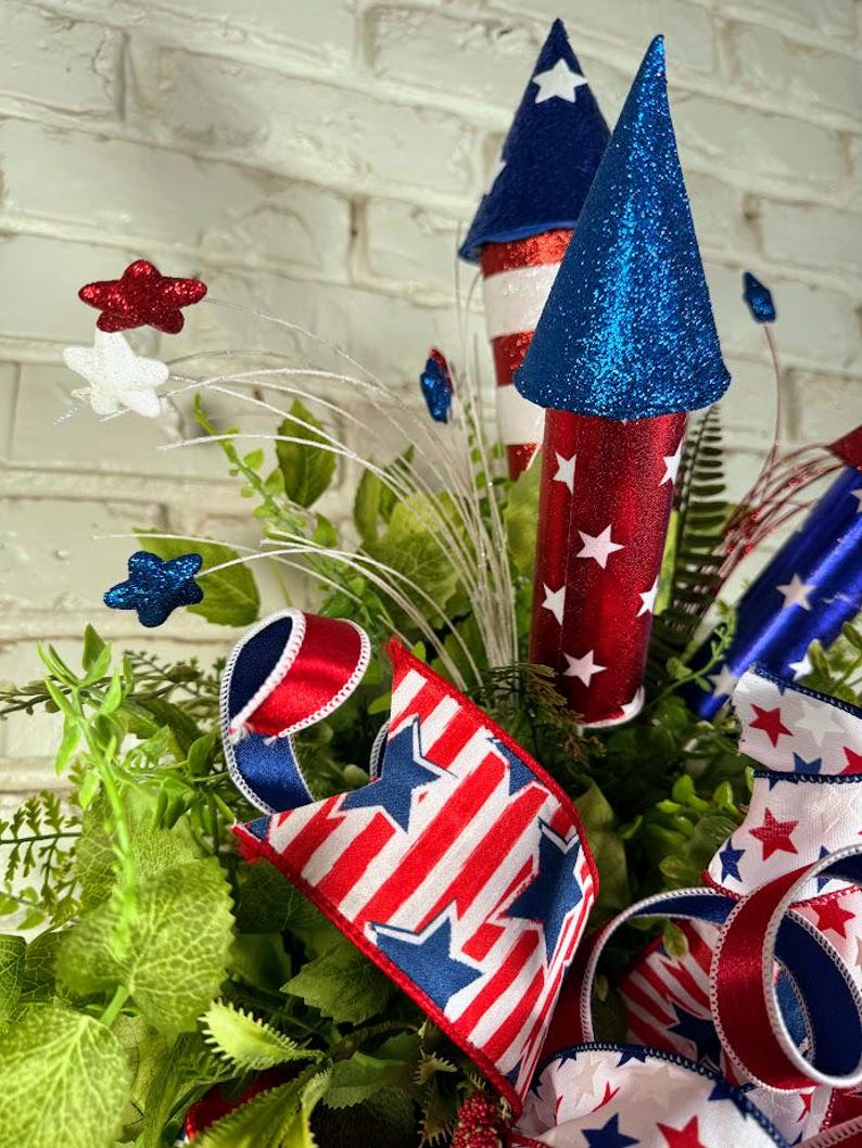 Patriotic Teardrop Wreath for Front Door Featuring Three Glittery ...