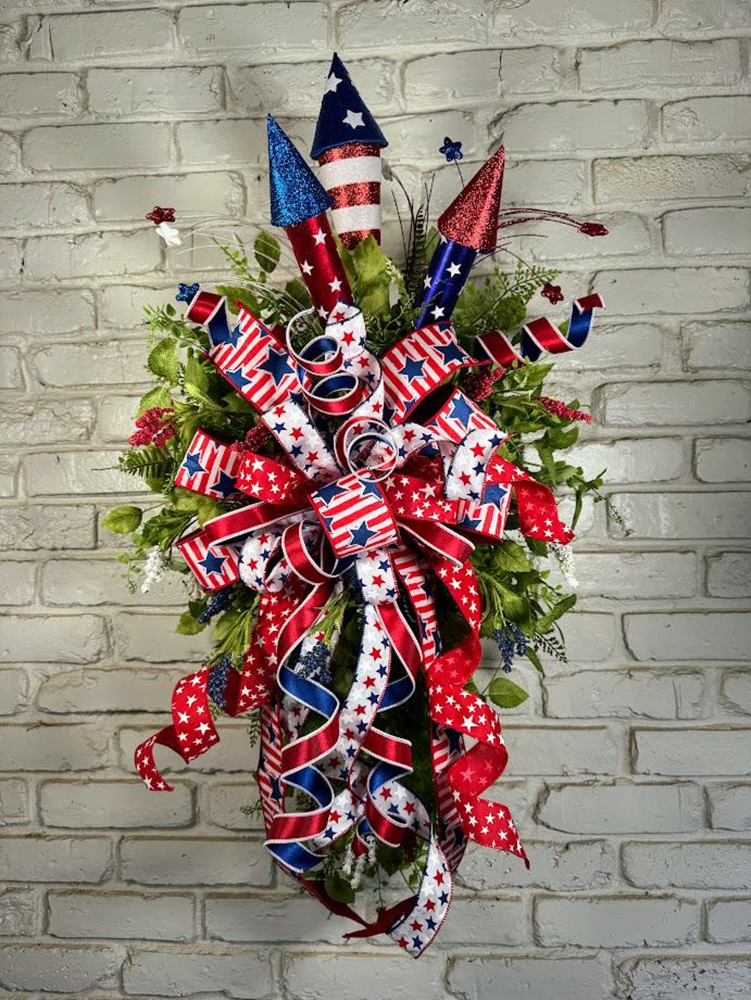 Patriotic Teardrop Wreath for Front Door Featuring Three Glittery ...