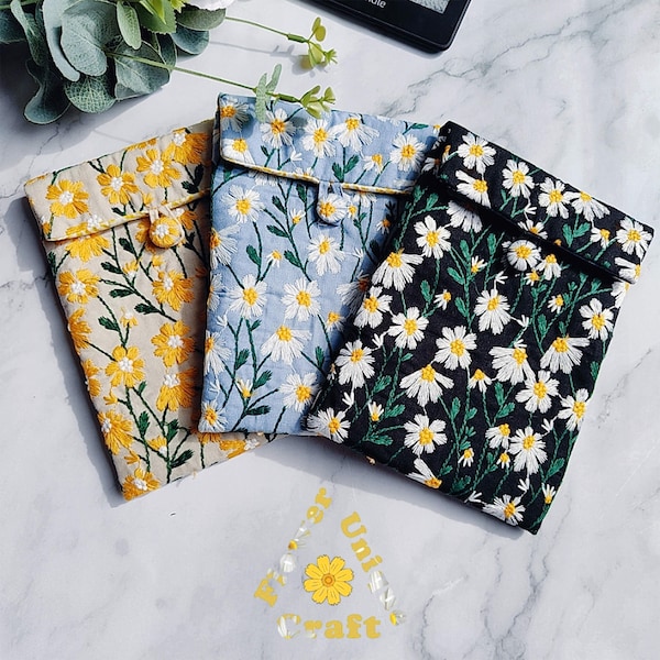 Three Style Different Of Embroidered Daisies E-Reader Cover,Free Clear Case,Kindle,Kobo,Pocketbook,reMarkable,Onyx,boox,Nook,Tolino Sleeve