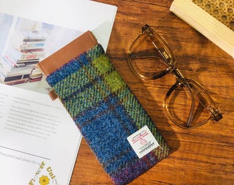 Geborduurde stoffen brillenkoker gemaakt van Harris Tweed voor zonnebril, leesbril, gepersonaliseerde draagbare brilopbergtas, cadeau voor haar
