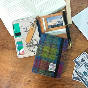 Embroidered fabric passport holder made from Harris Tweed cloth,RFID blocking,multi-function personalized passport holder zip coin pocket