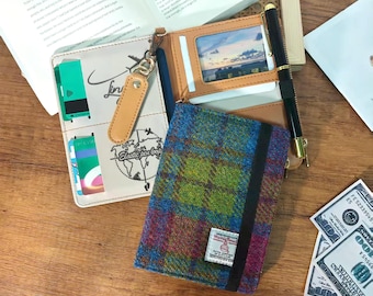 Embroidered fabric passport holder made from Harris Tweed cloth,RFID blocking,multi-function personalized passport holder zip coin pocket