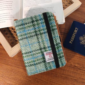 Embroidered fabric passport holder made from Harris Tweed cloth,RFID blocking,custom travel clip holds passport/coin storage,gift for men