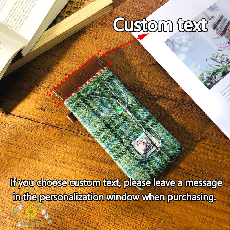 May include: Green plaid eyeglasses case with a brown leather top and the text "LIN". The case holds a pair of eyeglasses. The text "Custom text" is visible. The text "If you choose custom text, please leave a message in the personalization window when purchasing" is also visible.