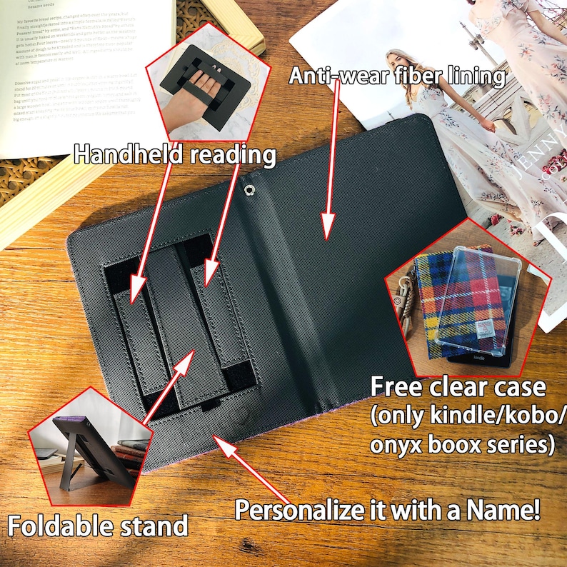 May include: Black e-reader case with a foldable stand and anti-wear fiber lining. Features include handheld reading support and a free clear case for select models. The case can be personalized.