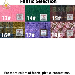 May include: Fabric selection image featuring six fabric swatches in various colors and patterns. The swatches are labeled with numbers 13 through 18. The text "Fabric Selection" is at the top. The bottom of the image says "For more colors of fabric, please contact me."