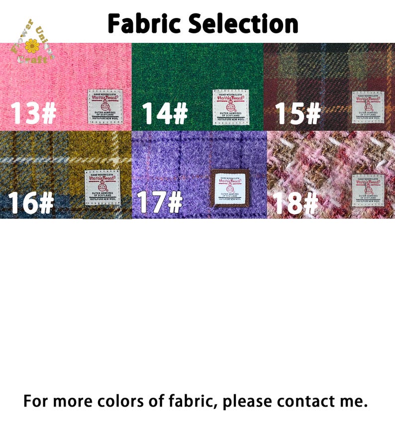 May include: Fabric selection image featuring six fabric swatches in various colors and patterns. The swatches are labeled with numbers 13 through 18. The text "Fabric Selection" is at the top. The bottom of the image says "For more colors of fabric, please contact me."