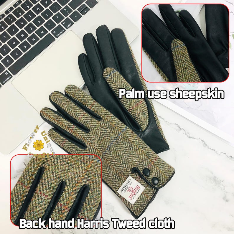 Op de afbeelding: Een paar handschoenen met een bruin en groen tweedpatroon op de achterkant van de hand en zwart leer op de palm. De handschoenen hebben een knoopsluiting aan de pols. "Palm use sheepskin" en "Back hand Harris Tweed cloth" staan op de afbeelding.