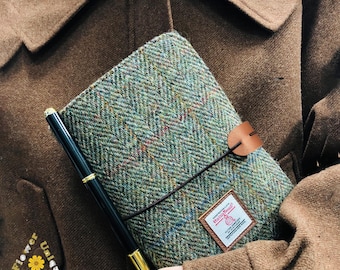 Embroidered fabric M5 A6 A5 notebook made of Harris Tweed cloth,scottish wool refillable notepad,vintage travel notebook,custom name paper