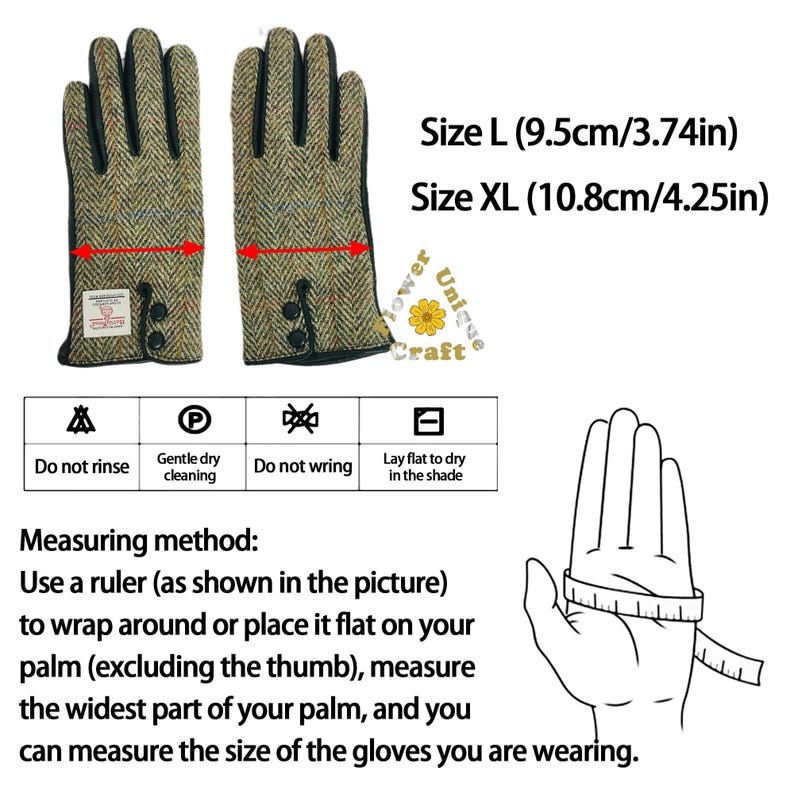 Op de afbeelding: Een paar bruine en groene tweed handschoenen met zwarte leren accenten. De handschoenen worden getoond met een meetlint om de maat aan te geven. De afbeelding bevat ook instructies voor het meten van je hand om de juiste maat te bepalen. De tekst op de afbeelding luidt: "Maat L (9,5 cm/3,74 inch) Maat XL (10,8 cm/4,25 inch)"