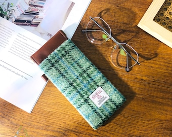 Geborduurde stoffen brillenkoker gemaakt van Harris Tweed voor zonnebril, leesbril, gepersonaliseerde draagbare brilopbergtas, cadeau voor haar