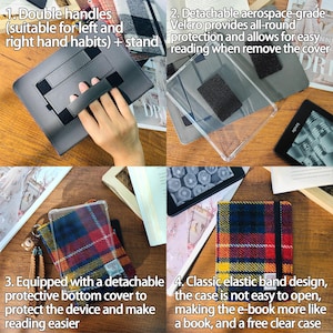 May include: A gray e-reader case with double handles and a stand. The case has a detachable Velcro cover for easy reading. A clear protective bottom cover and an elastic band design are also featured. The case is designed to make the e-reader feel more like a book.
