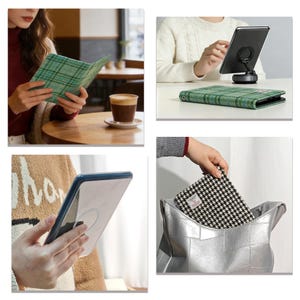 以下が含まれることがあります： タブレットと電話アクセサリーを紹介する画像集。緑のチェック柄タブレットケース、白黒の千鳥格子ケース、タブレットスタンドが含まれています。アクセサリーは使用中の様子が写っており、背景にはコーヒーカップがあります。