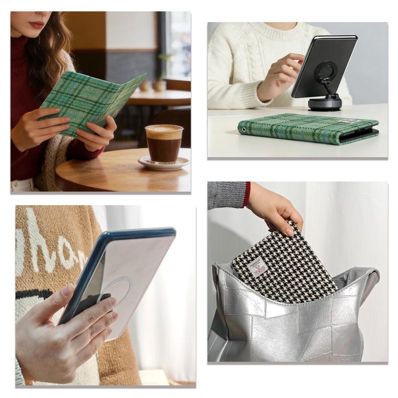 以下が含まれることがあります： タブレットと電話アクセサリーを紹介する画像集。緑のチェック柄タブレットケース、白黒の千鳥格子ケース、タブレットスタンドが含まれています。アクセサリーは使用中の様子が写っており、背景にはコーヒーカップがあります。