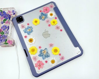 Pressed flower blue pink flower yellow white daisy iPad case,new iPad Air 5 2022 10.9",iPad 9 10.2" case,iPad mini 6,iPad Pro 12.9" 2021