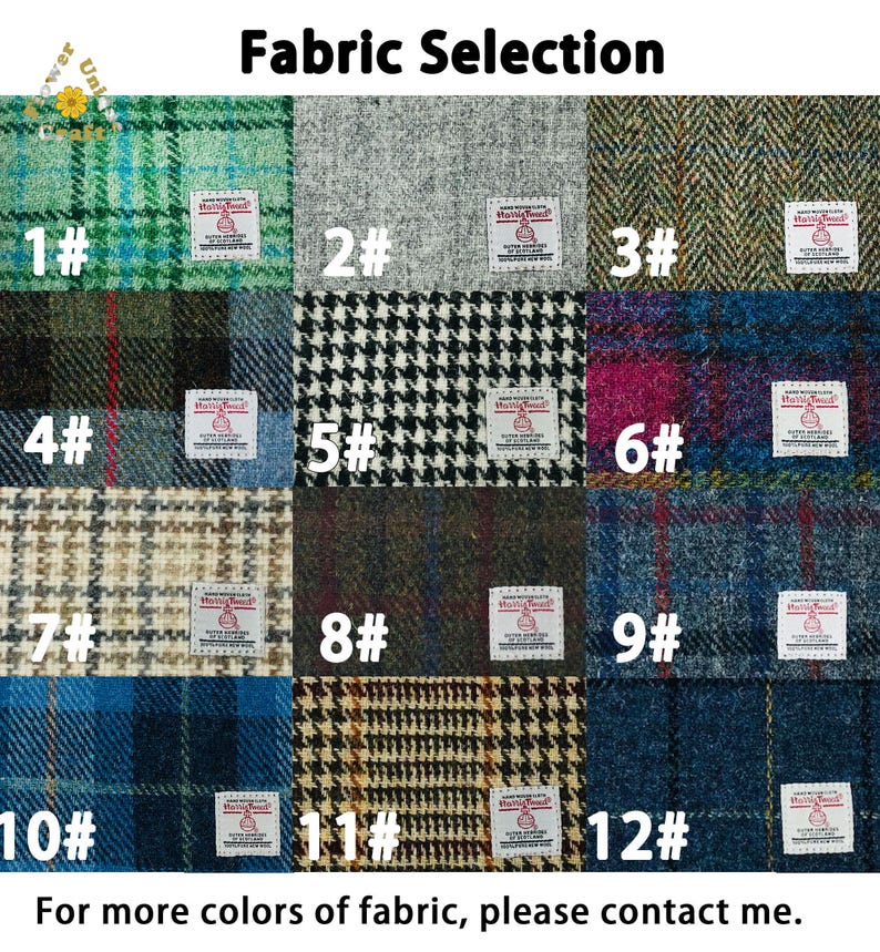 Op de afbeelding: Een selectie van 12 verschillende tweed stoffen, genummerd van 1 tot en met 12. Elk stofstaal is gelabeld met een nummer en de naam "Harris Tweed". De tekst "Fabric Selection" staat bovenaan de afbeelding. De tekst "Voor meer kleuren stof, neem dan contact met me op." staat onderaan de afbeelding.