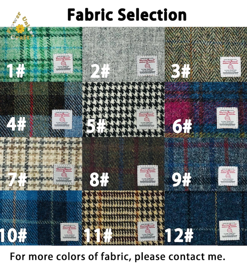 May include: A fabric selection chart with twelve different tweed fabric swatches. The swatches are numbered and labeled with small tags. The fabrics vary in color and pattern, including plaid, herringbone, and houndstooth designs. The text "Fabric Selection" is at the top.