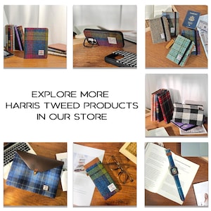 以下が含まれることがあります： Harris Tweed製品のコレクション。携帯電話ケース、ノート、ラップトップスリーブなど。さまざまな色合いのカラフルなチェック柄が特徴です。「EXPLORE MORE HARRIS TWEED PRODUCTS IN OUR STORE」というテキストも含まれています。