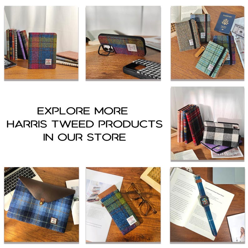 以下が含まれることがあります： Harris Tweed製品のコレクション。携帯電話ケース、ノート、ラップトップスリーブなど。さまざまな色合いのカラフルなチェック柄が特徴です。「EXPLORE MORE HARRIS TWEED PRODUCTS IN OUR STORE」というテキストも含まれています。