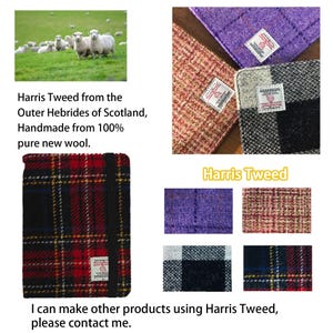 May include: An assortment of Harris Tweed fabric samples in various colors and patterns, including plaid and solid textures. The image includes text stating the fabric is handmade from 100% pure new wool from the Outer Hebrides of Scotland.