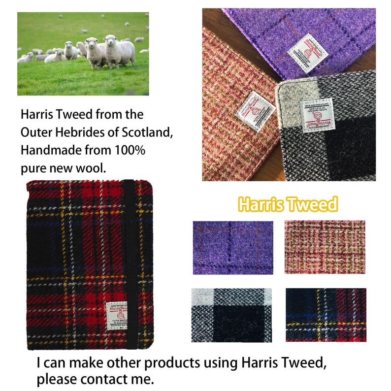 May include: An assortment of Harris Tweed fabric samples in various colors and patterns, including plaid and solid textures. The image includes text stating the fabric is handmade from 100% pure new wool from the Outer Hebrides of Scotland.