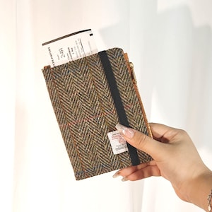 Embroidered fabric passport holder made from Harris Tweed cloth,RFID blocking,custom travel clip holds passport travel organizer,travel gift