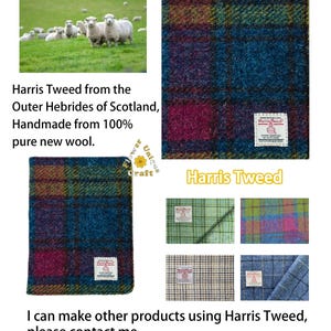 Op de afbeelding: Een close-up van een Harris Tweed stofstaal in een blauw, groen en roze ruitpatroon. De stof is gemaakt van 100% pure nieuwe wol en is handgemaakt in de Buiten-Hebriden van Schotland. De afbeelding toont ook een verscheidenheid aan andere Harris Tweed stofstalen in verschillende kleuren en patronen.