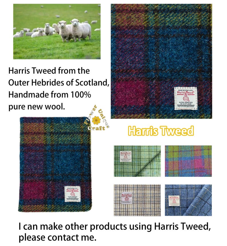 Op de afbeelding: Een close-up van een Harris Tweed stofstaal in een blauw, groen en roze ruitpatroon. De stof is gemaakt van 100% pure nieuwe wol en is handgemaakt in de Buiten-Hebriden van Schotland. De afbeelding toont ook een verscheidenheid aan andere Harris Tweed stofstalen in verschillende kleuren en patronen.