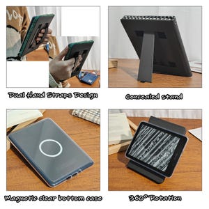 以下が含まれることがあります： さまざまな機能を備えたタブレットケースを示すマルチビュー画像。ケースには、デュアルハンドストラップ、隠しスタンド、磁気クリアボトムケース、360度回転機能が含まれています。ケースは黒と緑です。