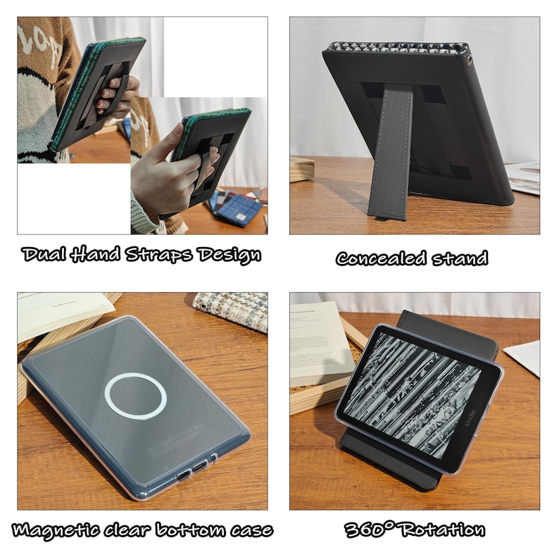 以下が含まれることがあります： さまざまな機能を備えたタブレットケースを示すマルチビュー画像。ケースには、デュアルハンドストラップ、隠しスタンド、磁気クリアボトムケース、360度回転機能が含まれています。ケースは黒と緑です。